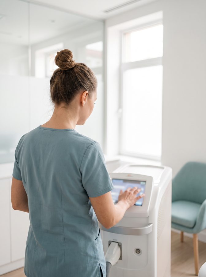 Nurse adjusting a medical laser