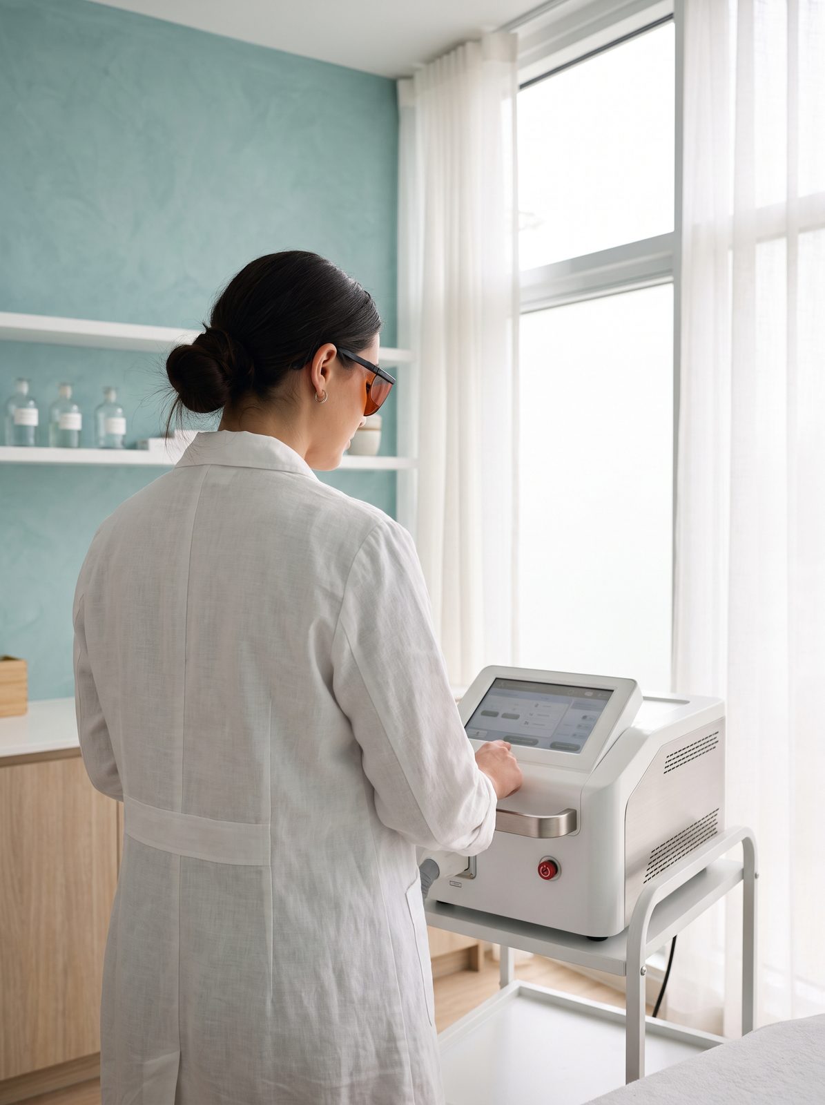 A student in a white lab coat and goggles, seen from behind, looking at a laser on a cart